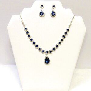 Silver Royal Blue Rhinestone Necklace Jewelry Set Wedding Bridal Evening